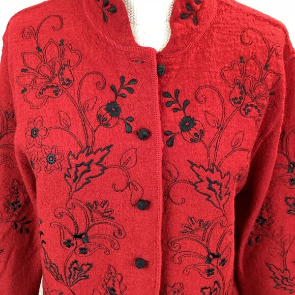 Carole Little Red Wool Floral Embroidered Coat Womens Large Jacket - Picture 6 of 8